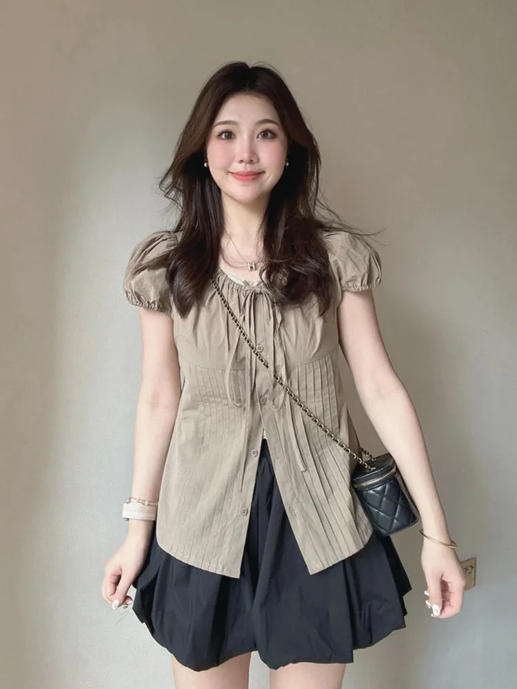 American Style Outfits 2 Piece Skirts Set O-Neck Puff Sleeve Single Breasted Bow Tops + Women New Design Slim Mini A-line Skirt