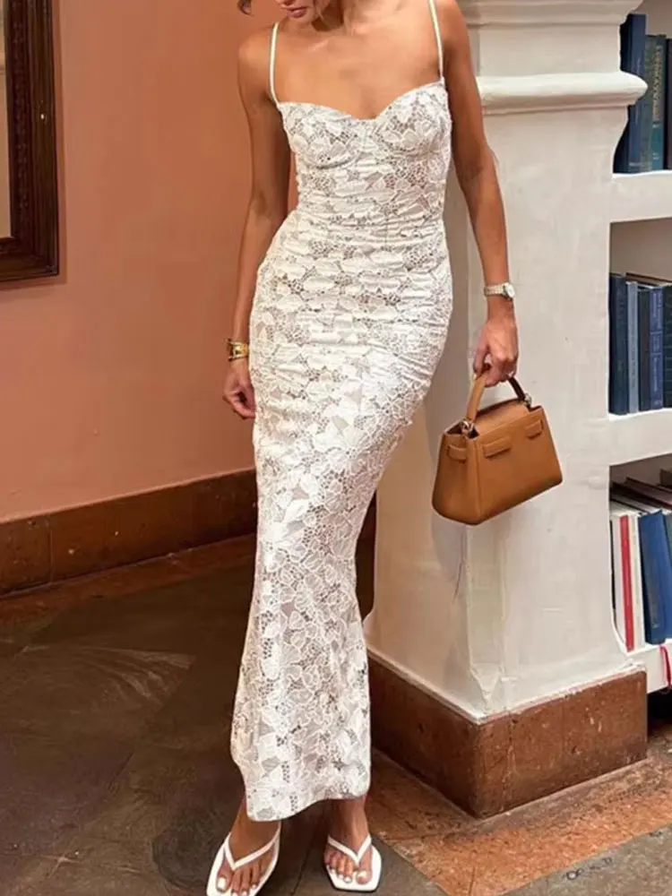 HH 2025 feminino primavera festa sexy suspender midi vestido sem mangas fino ajuste volta fenda renda oco cinta design vestido vintage