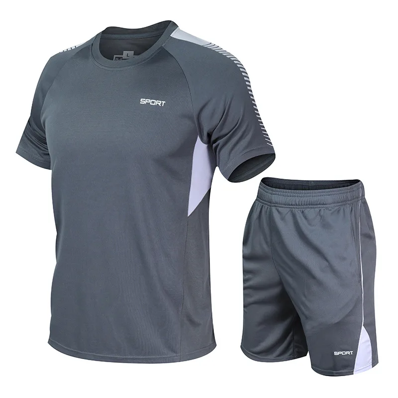 Summer Running Suit Men Quick Drying Breathable Plus Size Sports Set Loose Casual Fitness Short Sleeve Sportswear Two Pieces Set