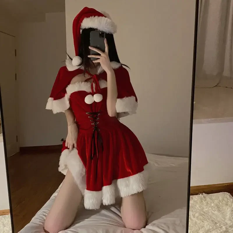 Cosplay Santa Autumn Winter Cute Christmas Red Shawl Dress Women Holiday Costume Party Dress Up Outfit Female Kawaii Cloak