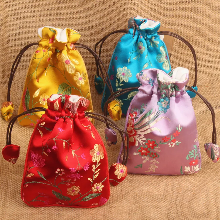 10pcs Custom Thick Drawstring Silk Satin Gift Pouches Party Favor Bags with Velvet Lined Chinese Brocade Jewelry Storage Bags