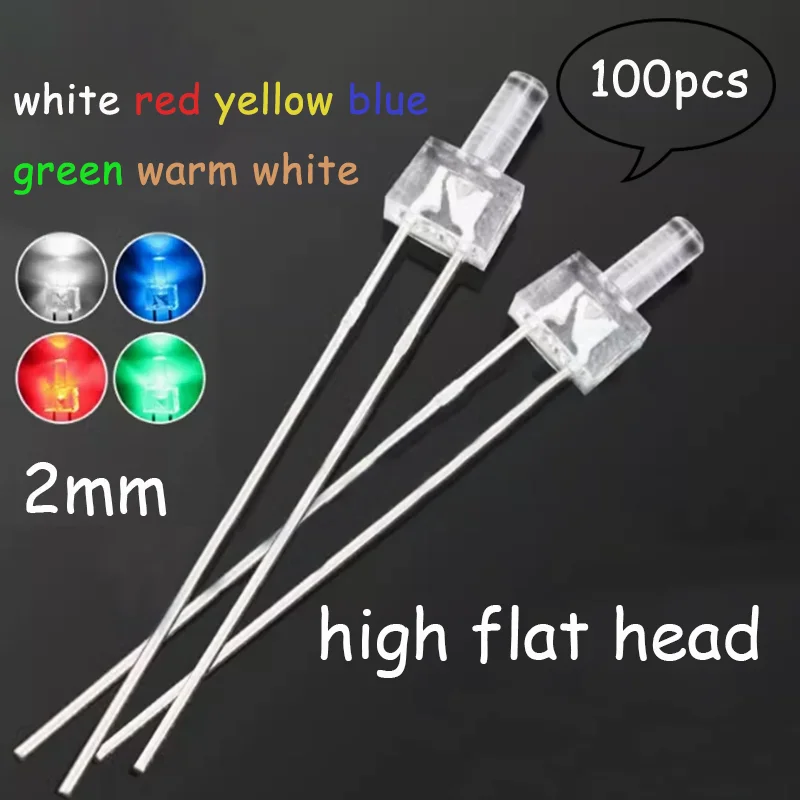 2mm LED LED F2/2MM high flat head transparent long foot white hair red blue green white LED straight insert lamp beads