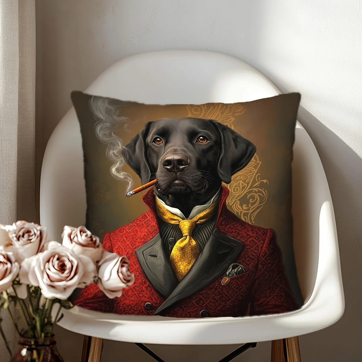 1pc Funny Retro Gentleman Dog Cushion Cover Polyester 2D Double Sided Print for Sofa Living Room Retro Aesthetic Home Decor
