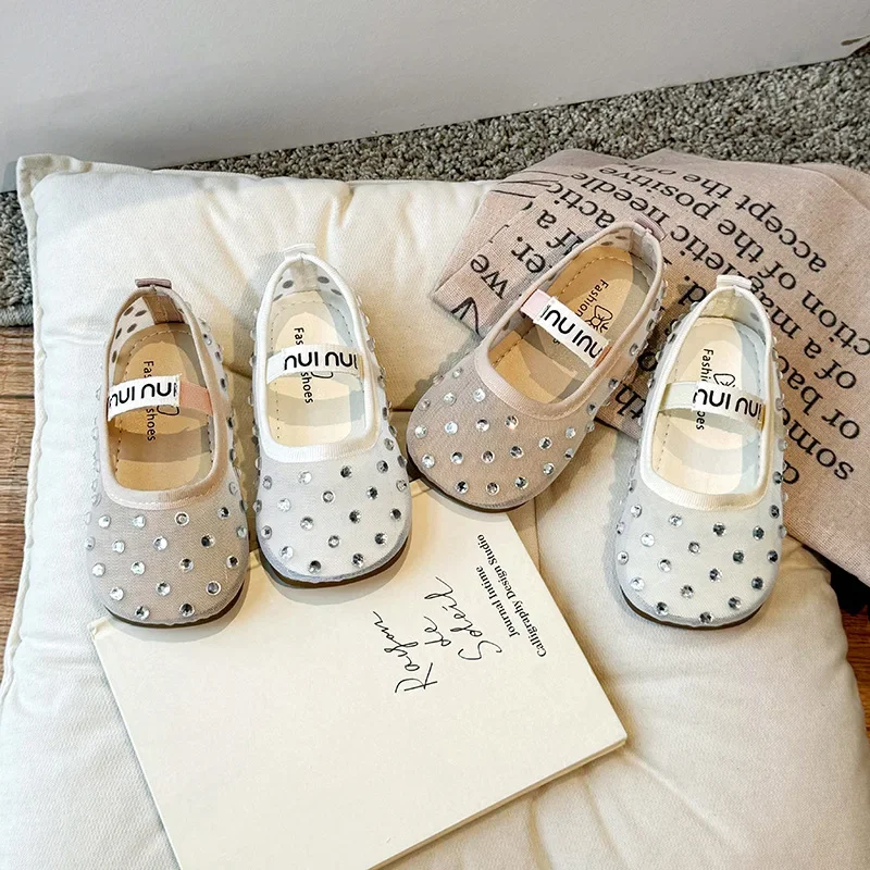 Summer Breathable Lace Mesh Ballet Flats Kids Girls Luxury Brand Design Crystal First Walkers Shoes Baby Children Bling Zapatos