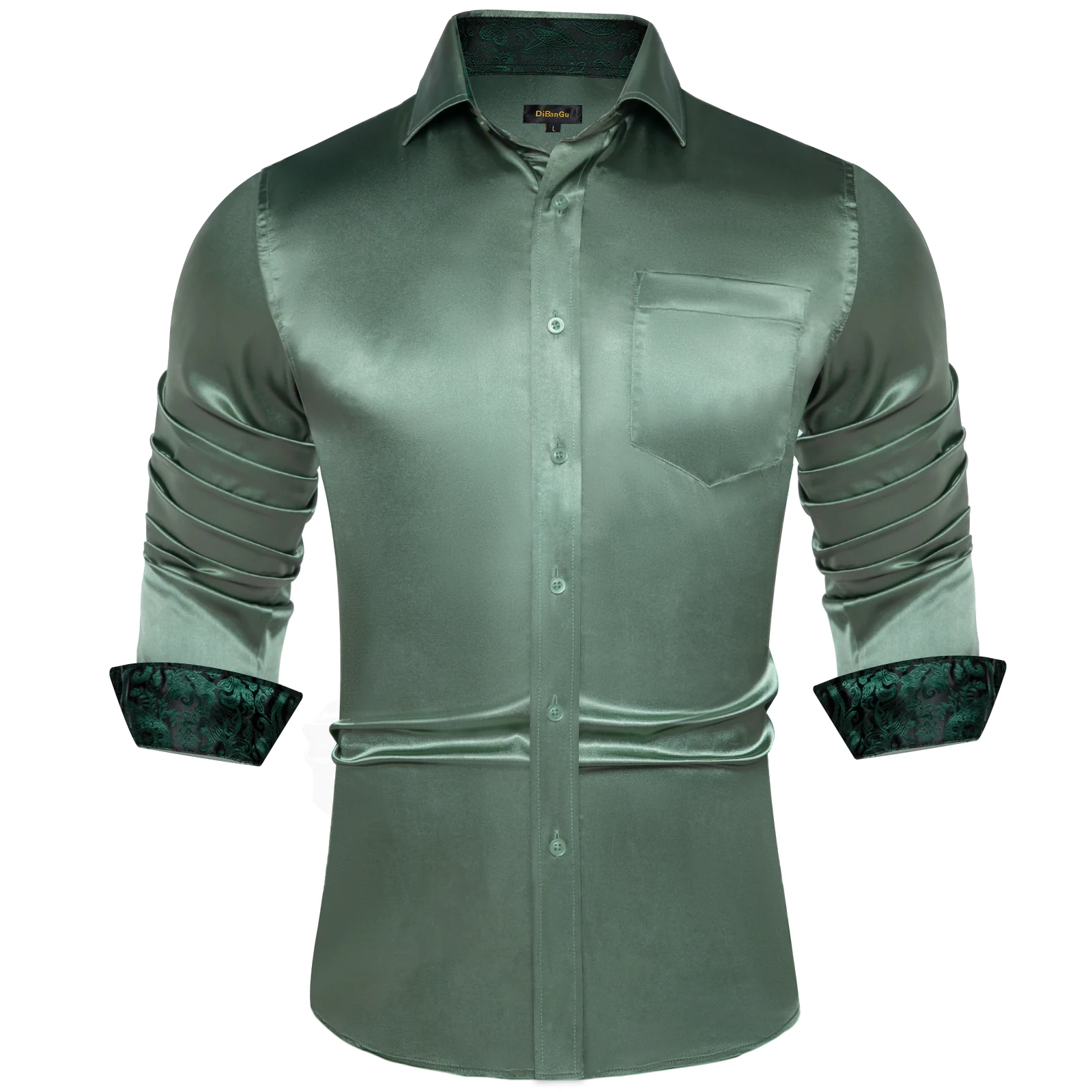 Green Solid Satin Shirts for Men Long Sleeve Stretch Satin Tuxedo Shirt with Contrasting Colors Cuff and Collar Prom Clothing