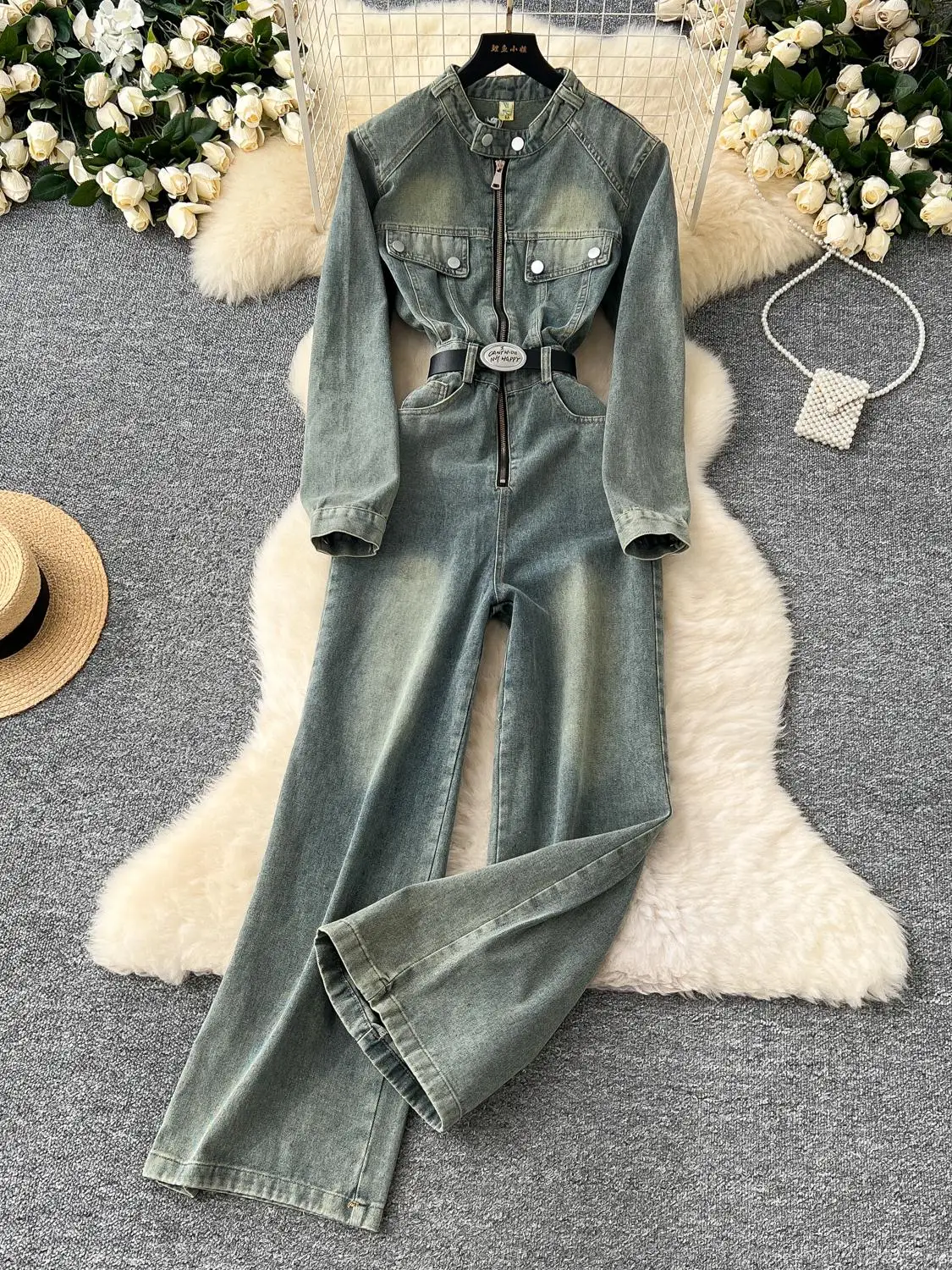 ريترو هونج كونج Sle عالية الخصر قطعة واحدة الجينز المرأة الخريف التخسيس مستقيم الساق عادية سستة عالية طوق Rer #2