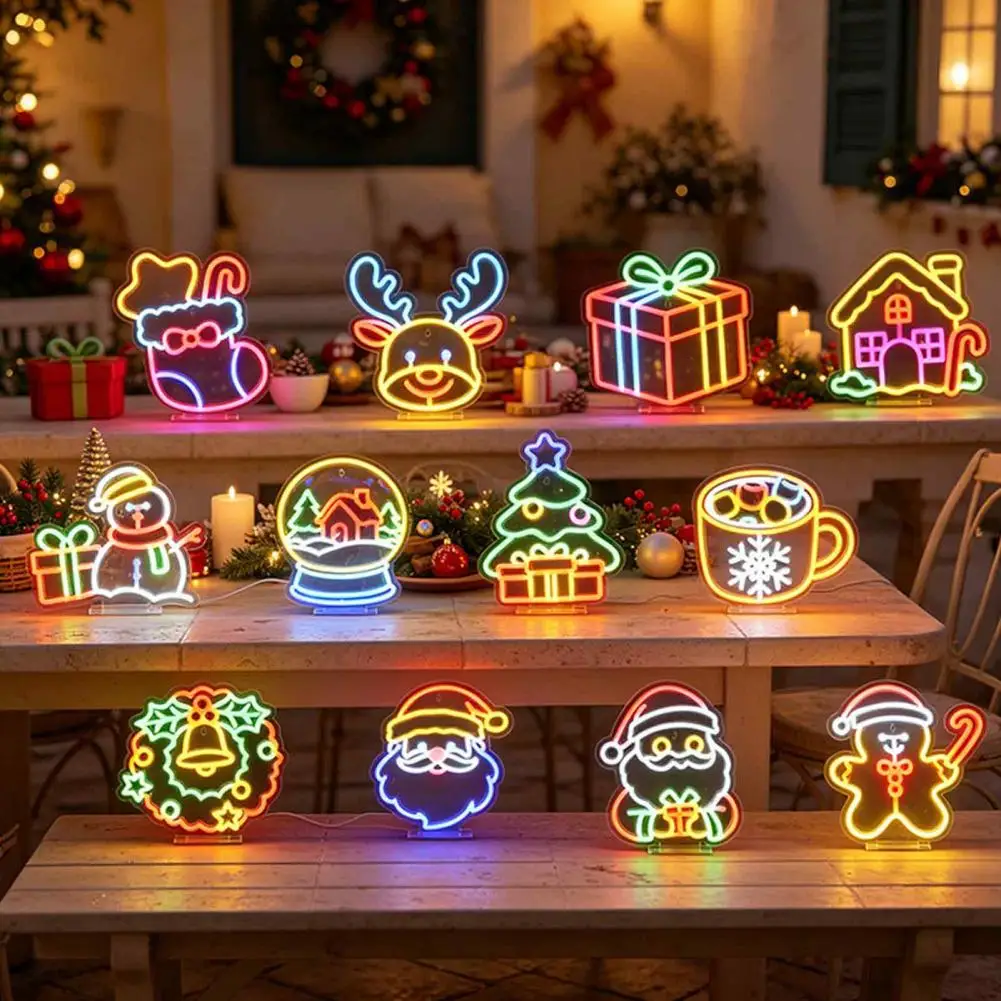 Christmas Window Hanging Lights Led Holiday Decorations for Home Christmas Led Neon Sign with Stand Santa Claus Elk for Home