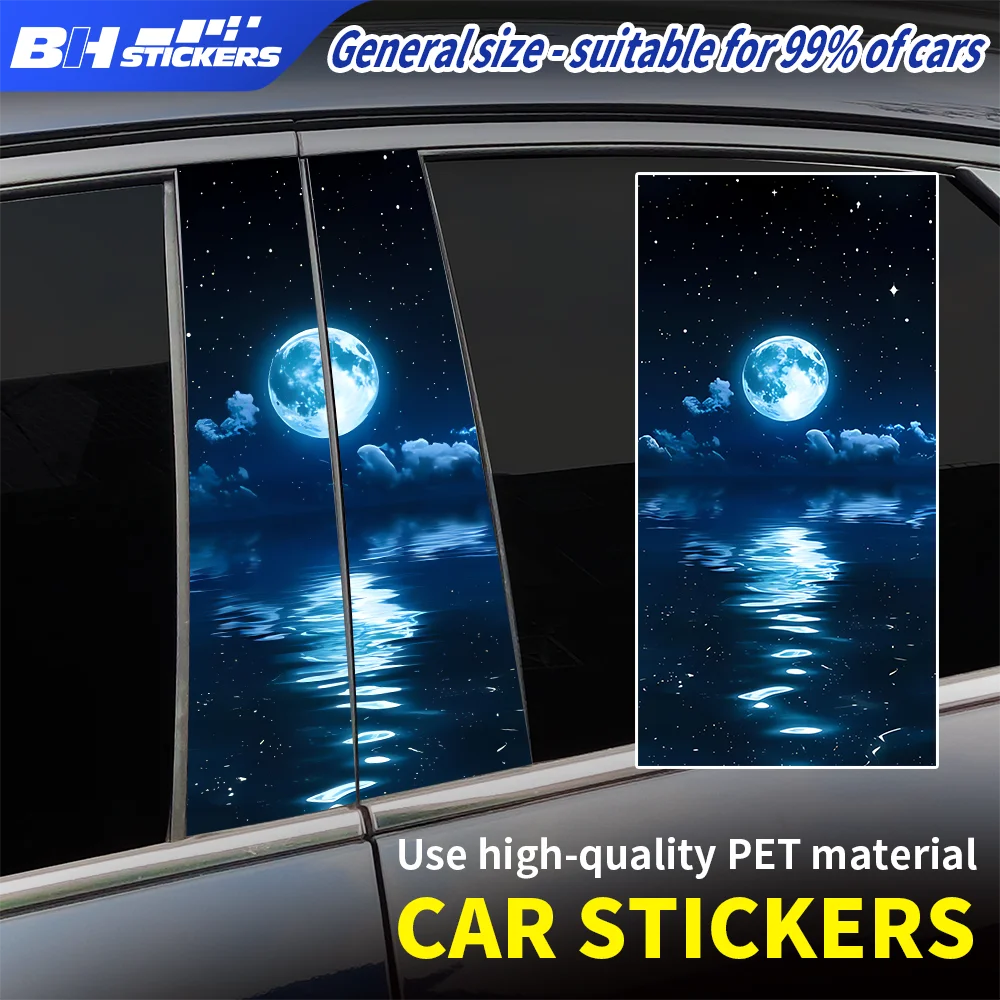 

Aesthetic Blue Moon Night Car B-Pillar Stickers 2Pcs Matte Landscape Vinyl Decal Universal Auto Pillar Post Trim Wrap Decor