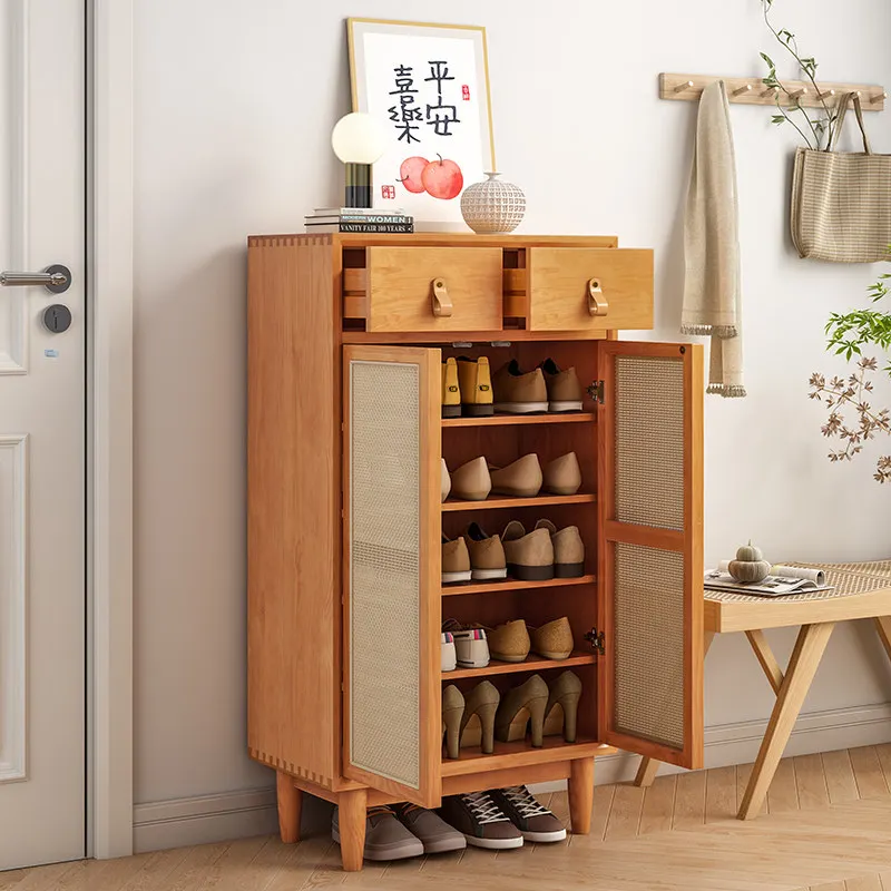 Japanese-style shoe cabinet at the door of the home Modern simple small apartment Log rattan shoe cabinet Narrow entrance