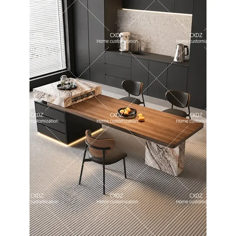 2026 New Rock Slab Island Dining Table Integrated Retractable Household Small Apartment Advanced Retro Style Kitchen Island