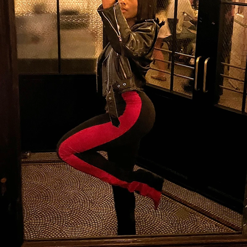 Women Fall/Winter Athletic High-Waisted Color-Block Straight-Leg Stretch Slim Long Casual Pants Chic Streetwear Trends