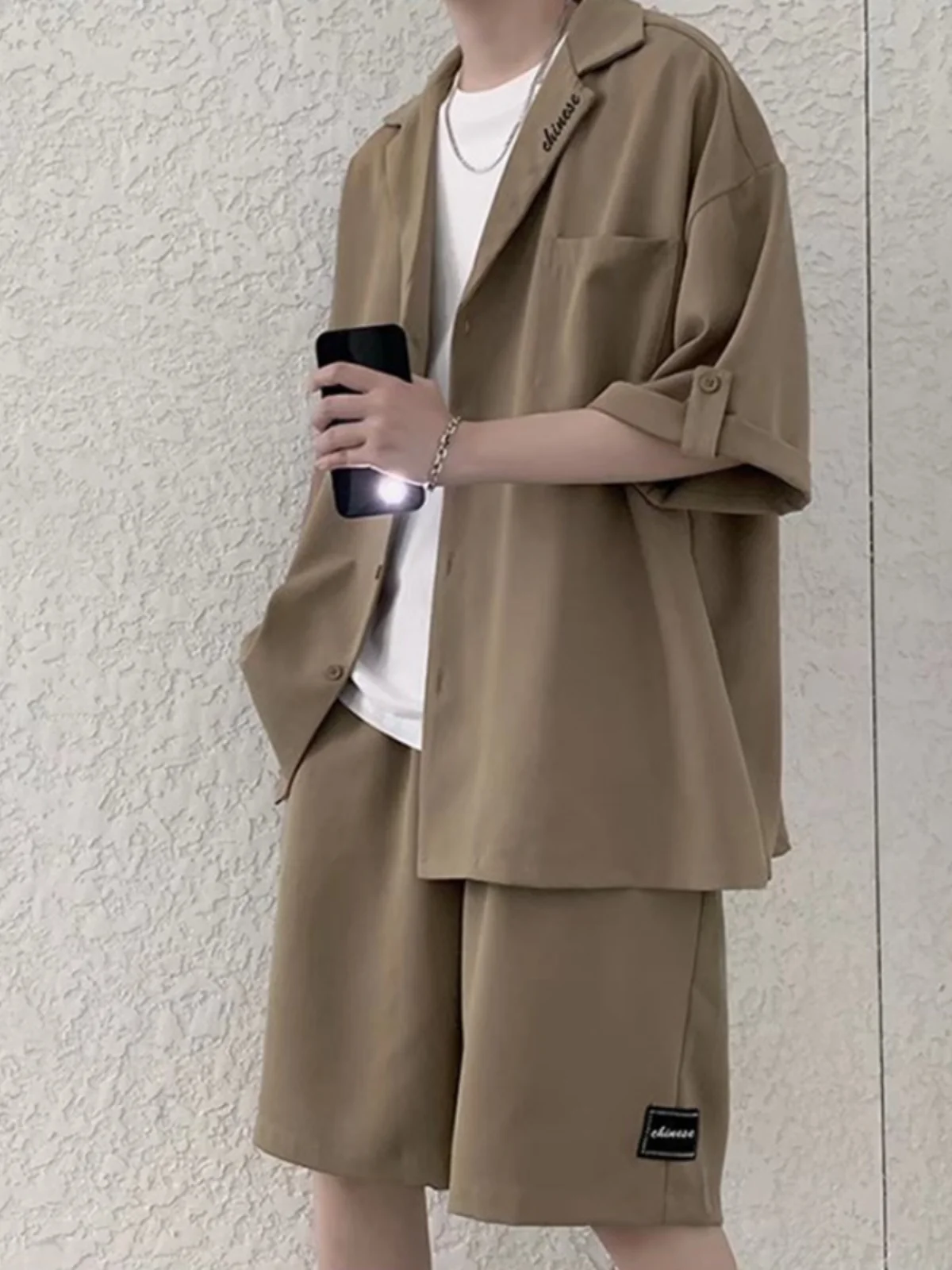 

Cuban Collar Ice Silk Suit Casual orts Men's Faion Set Cool Haome Summer irt Pants Combo Youth Summer Wear