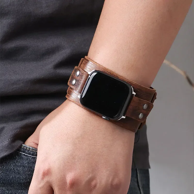 Genuine Leather Strap For Apple Watch Ultra 2 Band 44mm 40mm 45mm 41mm 49mm Double Metal Buckle bracelet iWatch series 3 7 8 9