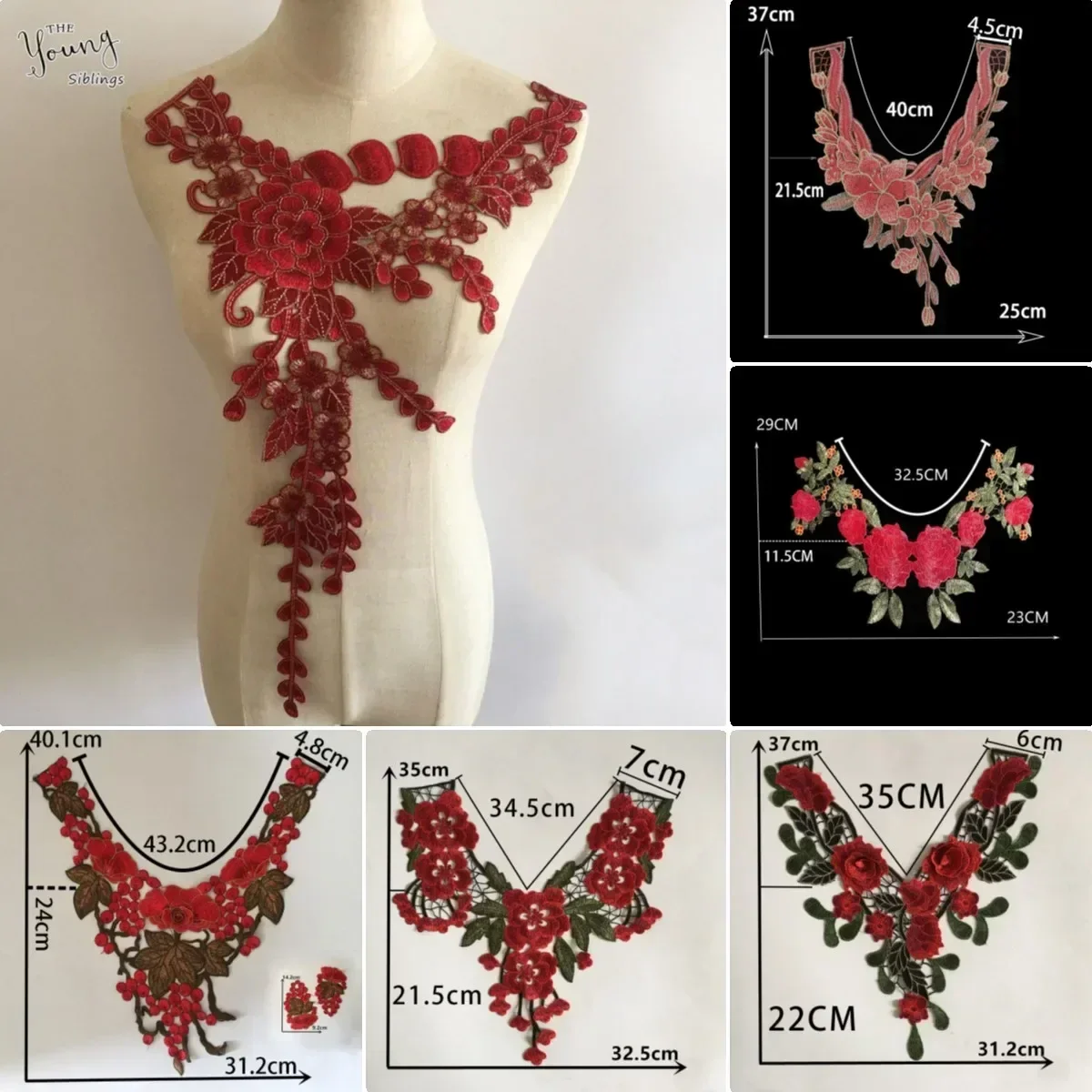 Red polyester embroidery hollowed out Collar shape sewing lace Wholesale sales 1-10 pieces DIY decorative clothing accessories