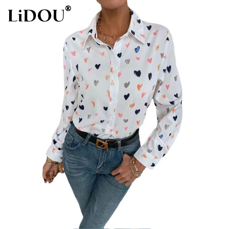 

2023 Spring Autumn New Fashion POLO Collar Long Sleeve Cute Printing Button Shirt Women Casual Loose Elegant All-match Cardigan