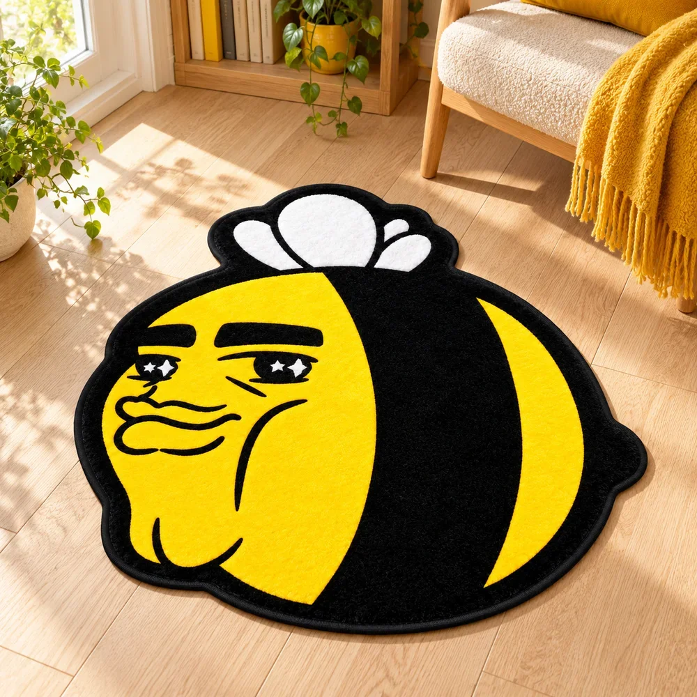 Funny Bee Shaped Area Rug Soft Short Plush Meme Face Bumblebee Novelty Floor Mat for Bedroom Living Room Entryway Home Decor