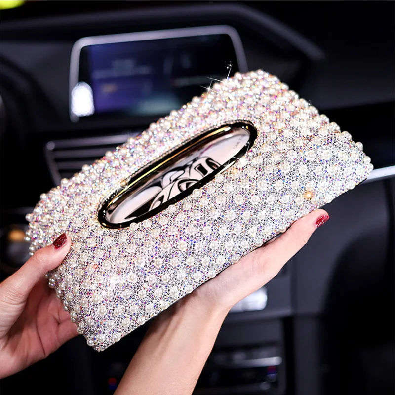 Luxury Car Tissue Box Pearls Diamond Seat Type Tissue Holder Sparkling Napkin Holder Bling Paper Cover Case 거실 수납장 블랙박스