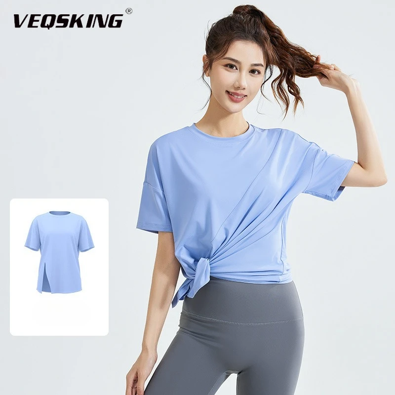 

Весенне-осенняя разделенная спортивная женская футболка с короткими рукавами, свободная футболка для йоги и бега для похудения и дышащий топ для йоги и фитнеса