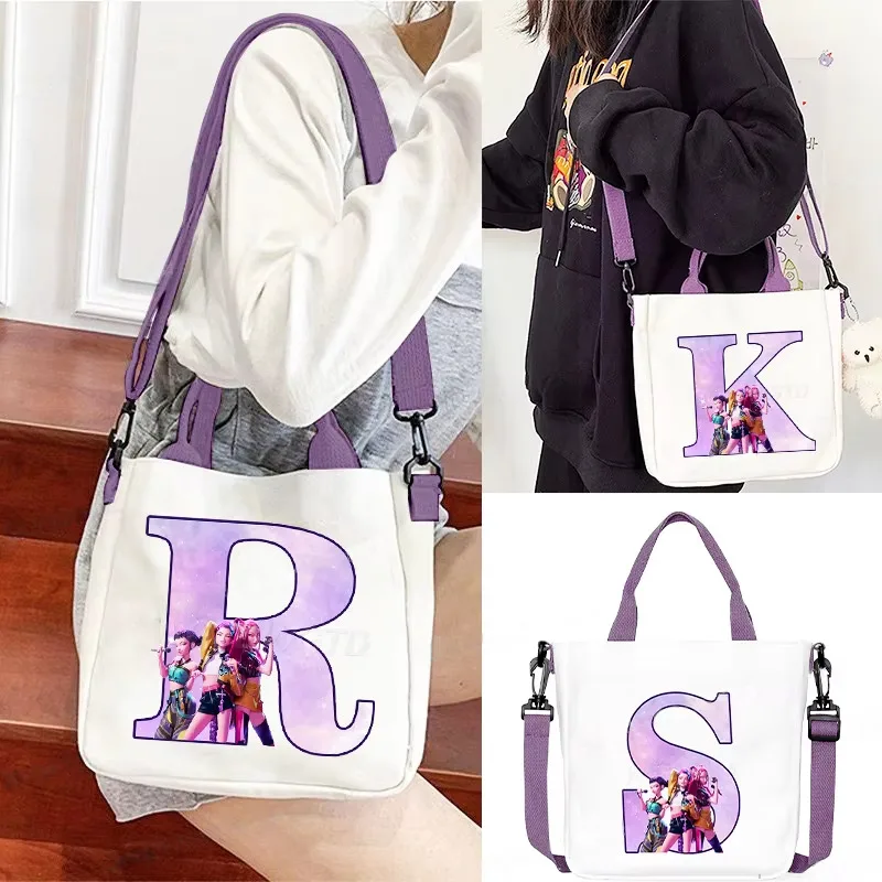 

1pcs K-Pop Demon Hunters Alphabet A-Z Graphic Canvas Shoulder Bag Storage Travel Handbag Student Zipper Closure Crossbody Bag