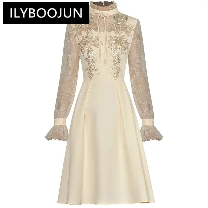 

ILYBOOJUN Fashion Designer Women dress Standing collar Long sleeved Mesh Crystal Beading Sequin Slim Elegant Dresses