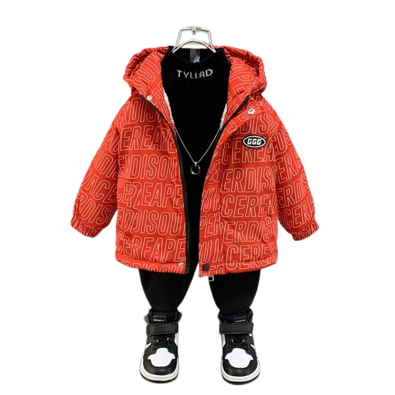 Boys Down Coat Jacket Cotton Outerwear Windbreak 2023 Red Thicken Velvet Winter Warm Children\'s Clothing -10 Degrees Below Zero