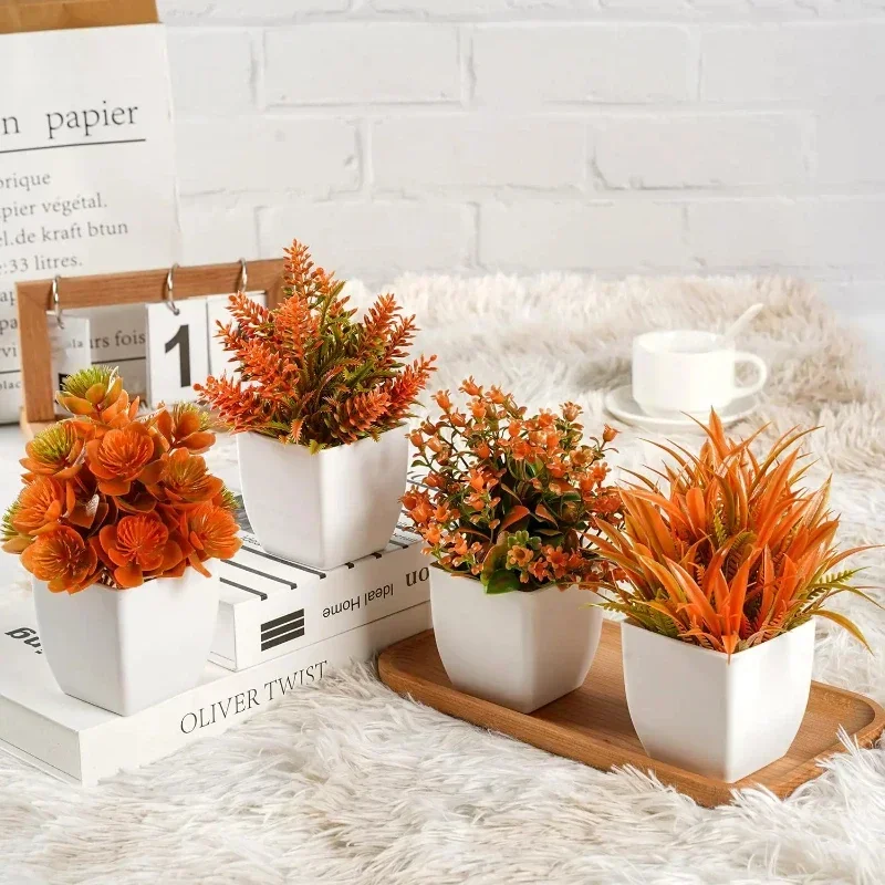 4pcs 2026 New model Autumn Potted Plants Mini Artificial Eucalyptus 4pcs Fake Flowers Fall Decor for Home Kitchen Room Festival