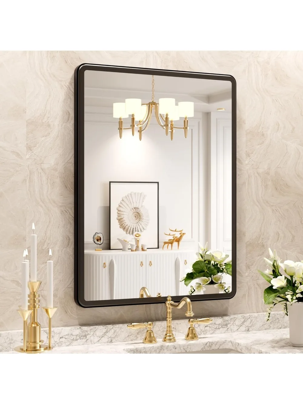 22X30 Inch Wall Mounted Bathroom Mirror, Black Metal Frame Rounded Rectangle Mirror, Bathroom Vanity Mirror with Tempered Glass