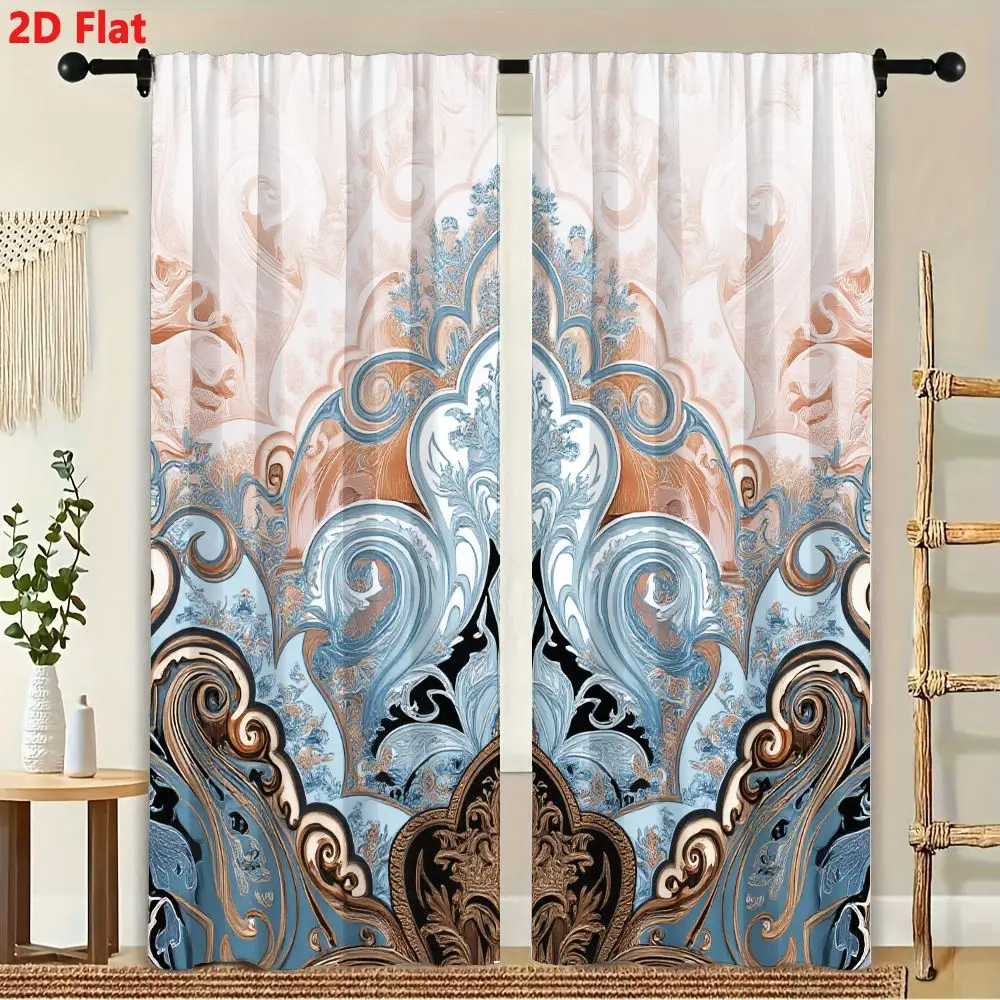 2Pcs Curtains 2D Flat Baroque Ornamental Design With Pastel Blue And Peach Tones For Wallpaper And Textile Print Window Drapes f 3