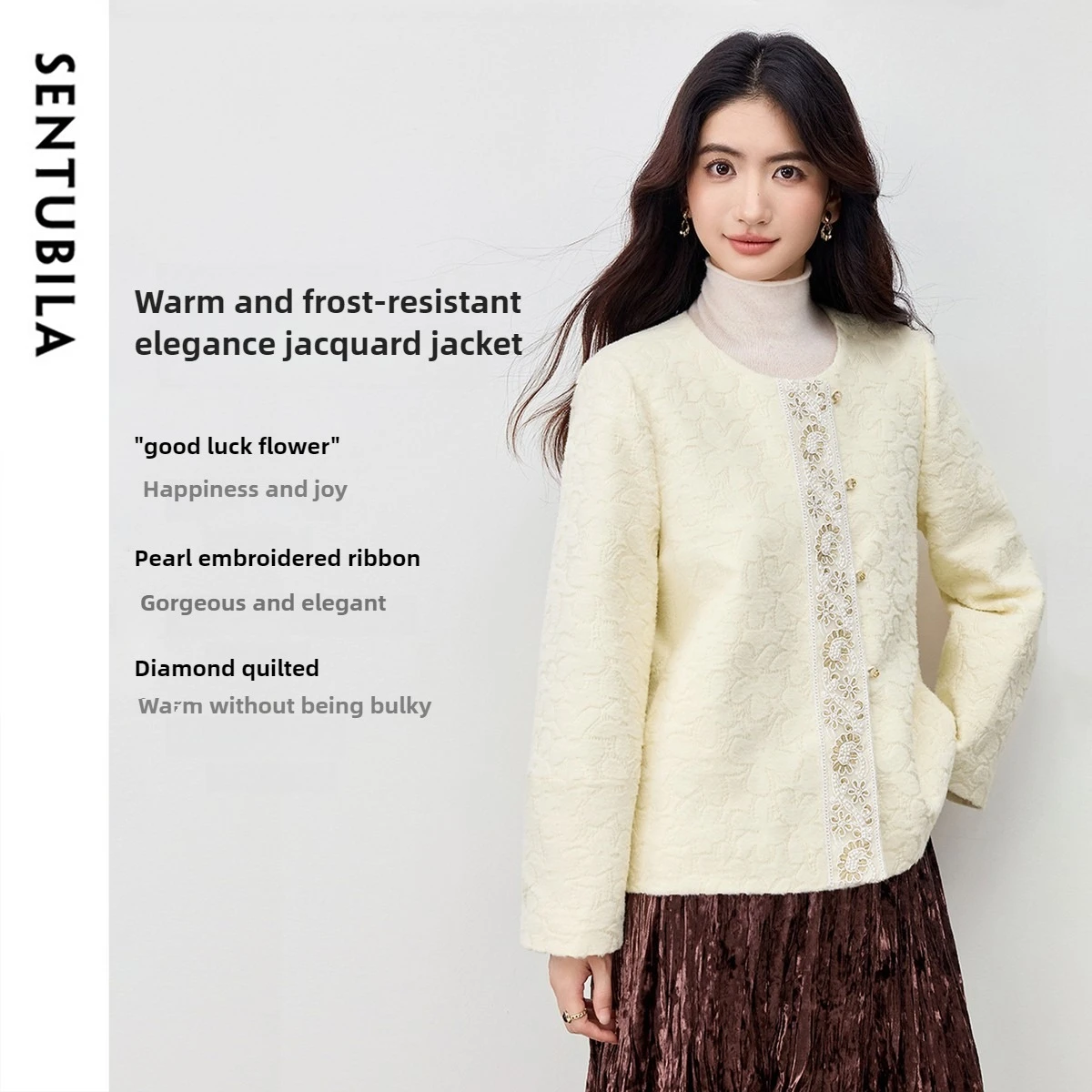 

SENTUBILA Women's Quilted Coat 2025 Winter New O-Neck Contrast Color Pearl Embroidery Jacket Elegant Warm Outerwear 154WL3890