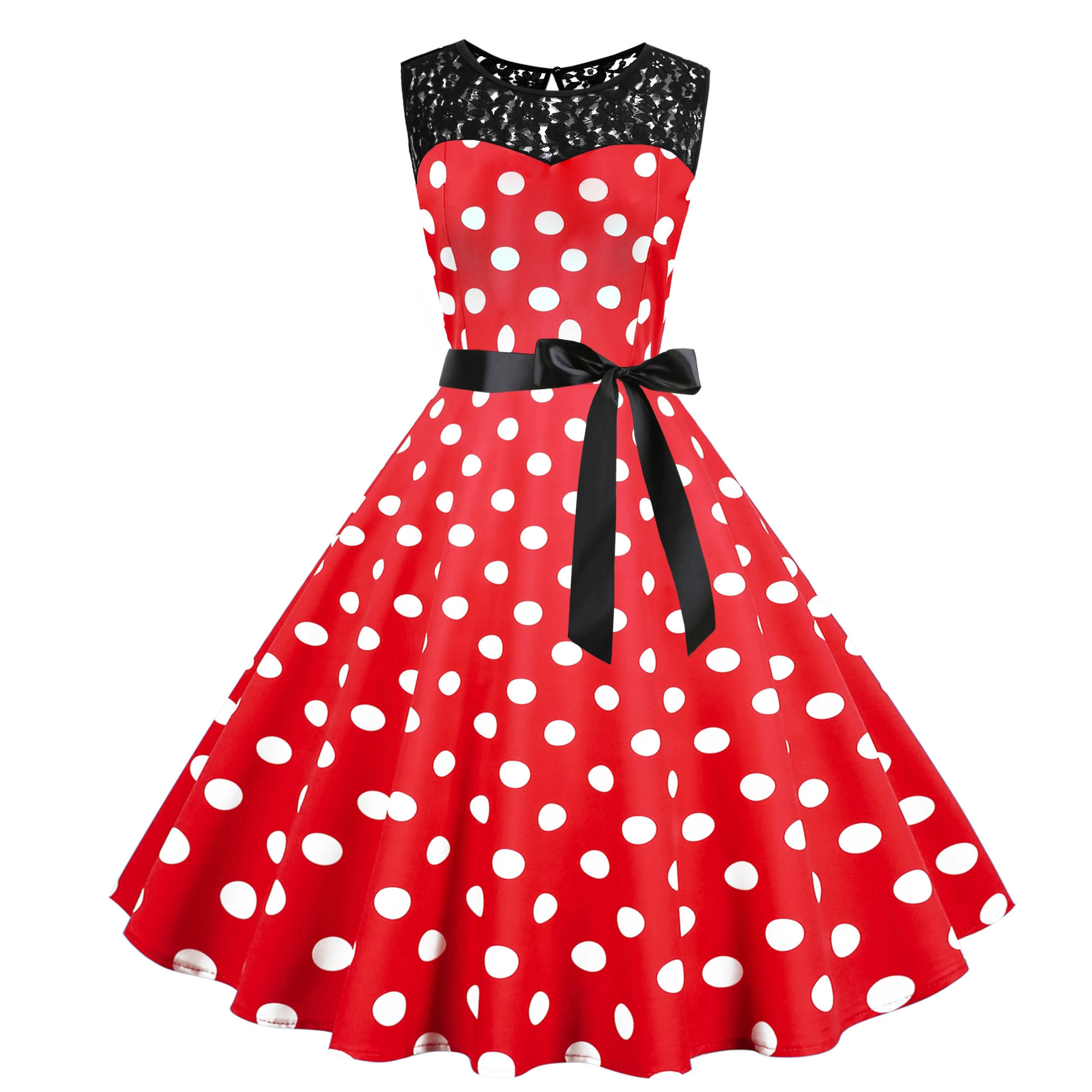 

2024 New Vintage Polka Dot Lace Stitched Bow Luxury Sleeveless Swing Dress