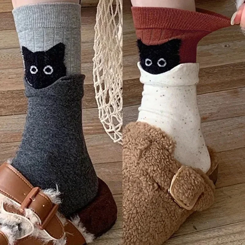 Plush Mid-Calf Socks for Women Seamless Cozy Peek-a-Boo Cartoon Socks Cute Animal Crew Socks for Winter Fall Fashion