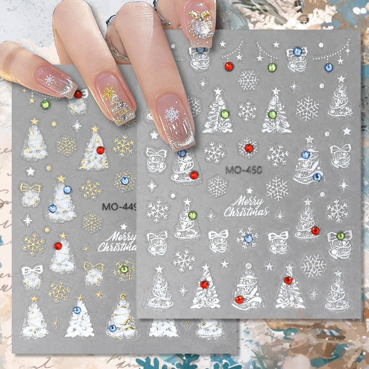 2/4 Sheets 5D Embossed Christmas Nail Stickers Colorful Rhinestone Snowflake Xmas Tree Bow Self Adhesive Winter Nail Decals