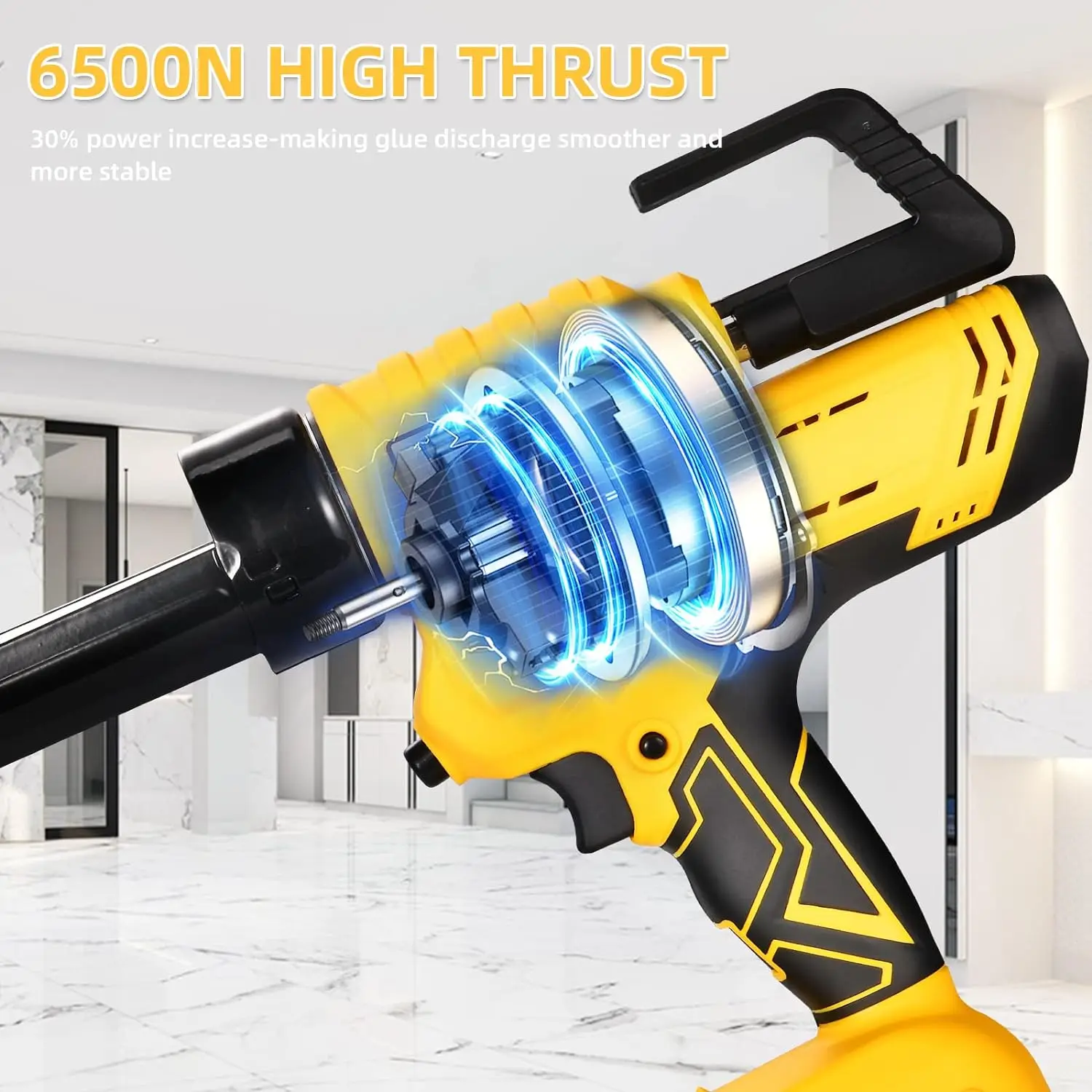 Cordless Caulking Gun: Max 6500N Force 10oz/300ml Electric Caulk Gun with 2 * 2.0Ah Li-Battery & Anti-Drip Design