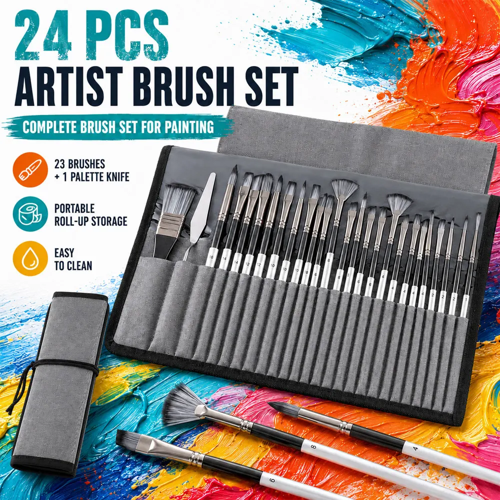 24PCS Artist Paint Brush Set with 23 Synthetic Brushes, Palette Knife and Storage Case for Acrylic, Watercolor, Oil & DIY Crafts