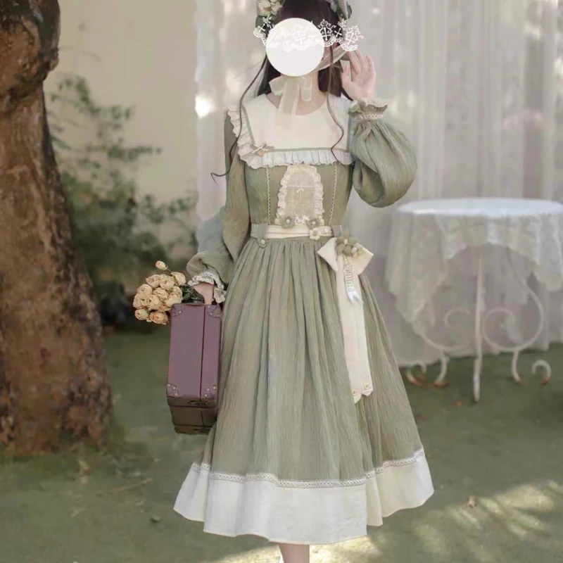 

Japanese Original Elegant Classic Green Irregular Collar Embroidered Vestidos Lolita Autumn Winter Slim Fit Long Sleeves Dress