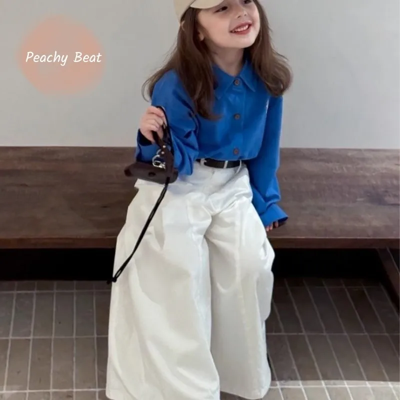 

Модная синяя рубашка для маленьких девочек + широкие брюки, комплект одежды из 2 предметов для малышей и подростков, весенне-осенняя повседневная одежда для малышей, От 2 до 14 лет