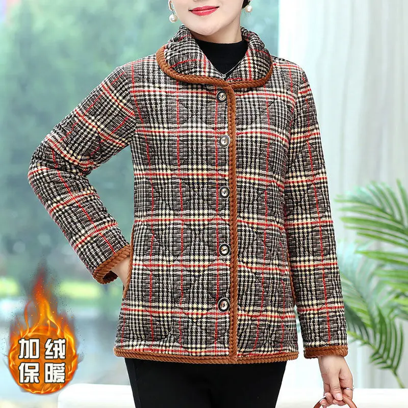 Mom Outfit Autumn and Winter New Polo Neck Cardigan Plaid Button Pockets Splicing Fleece for Warmth Versatile Long Sleeves Coat