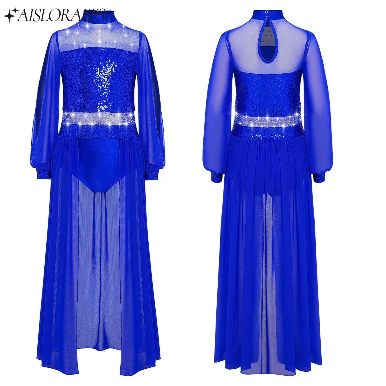 

Kids Girls Lyrical Dance Dress Contemporary Dress Split Long Sleeves Shiny Sequins Rhinestones Mesh Dress Performance Costumes