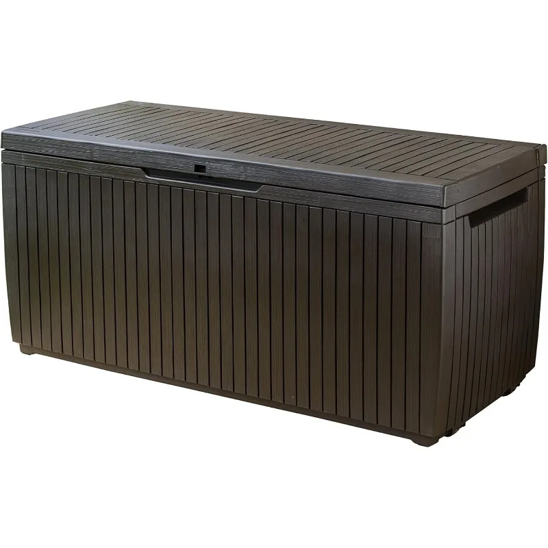 

Keter Springwood 80 Gallon Resin Outdoor Storage Box for Patio Furniture Cushions, Pool Toys,and Garden Tools with Handles,Brown