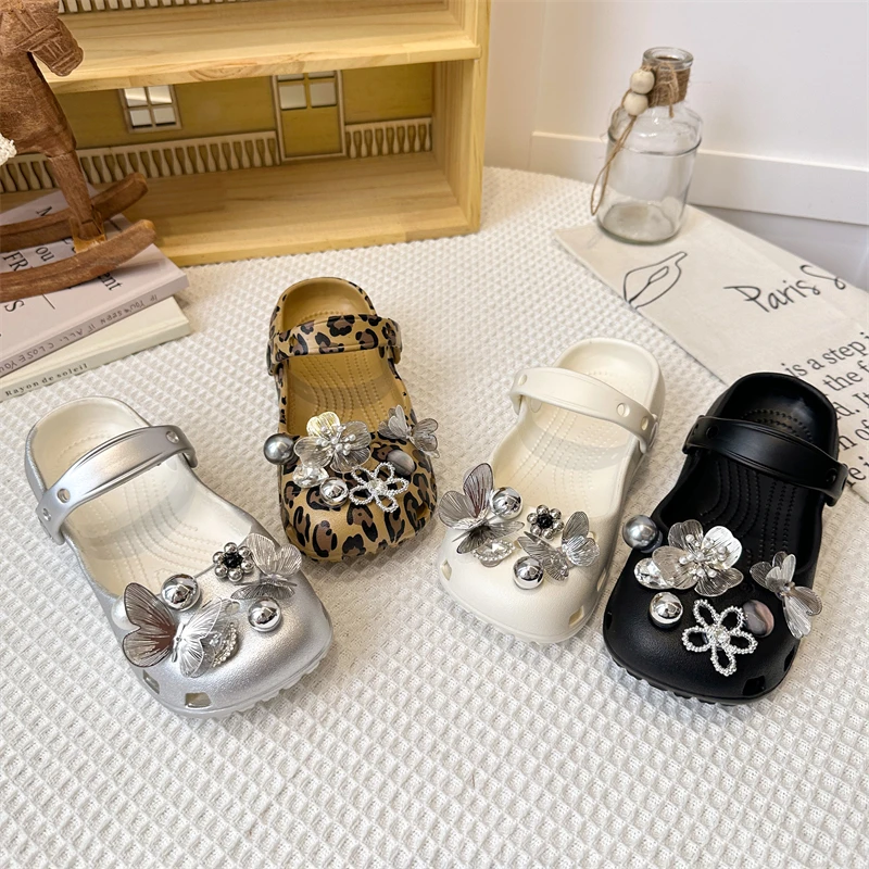 Girls Leopard Print Mary Jane Clogs Kids Bling Rhinestone Butterfly Flower Decor Slip-on Sandals Strap Non-slip Garden Shoes