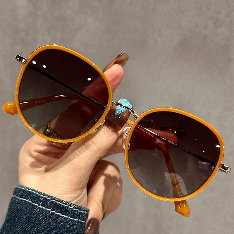 Gradual Change Color Retro Small Round Frame Sunglasses Women's Anti-ultraviolet Display Advanced Polarized Sunglasses