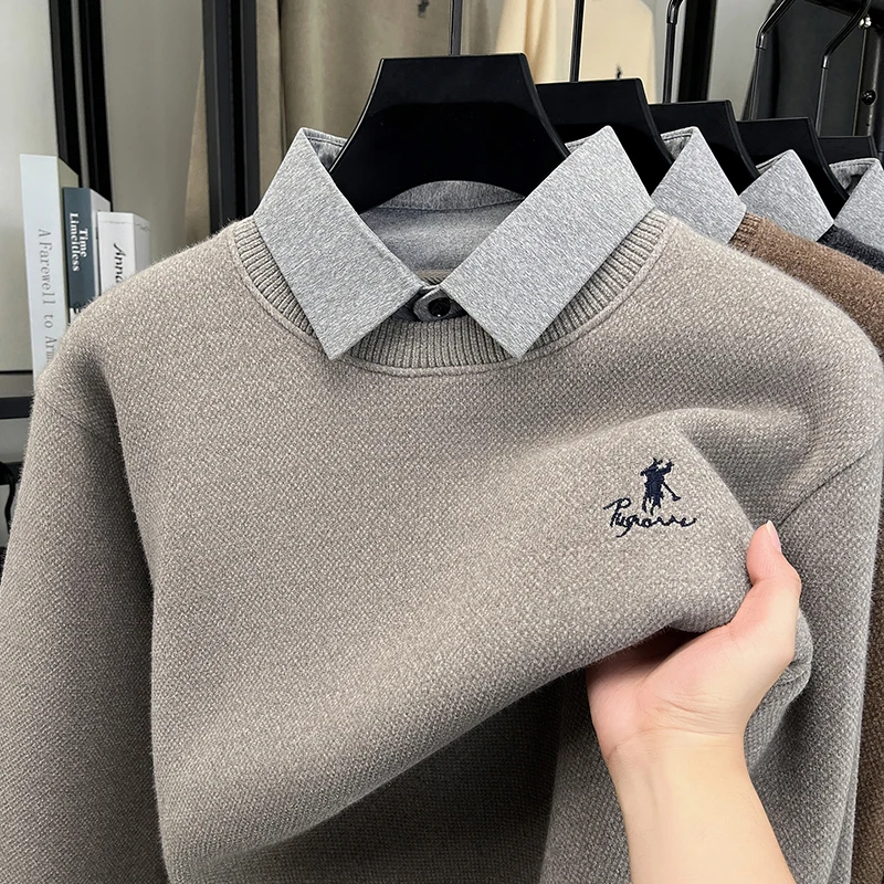 Personality fake two pieces men's sweater high-end brand luxury Paul pony embroidery new comfort casual fashion lapel pullover