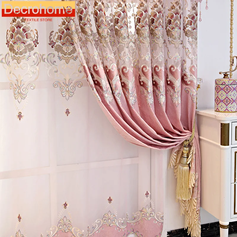 Modern Hall Curtains for Living Room Bedroom Light Luxury Minimalist High-end Chenille Embroidery Pink Window Screen