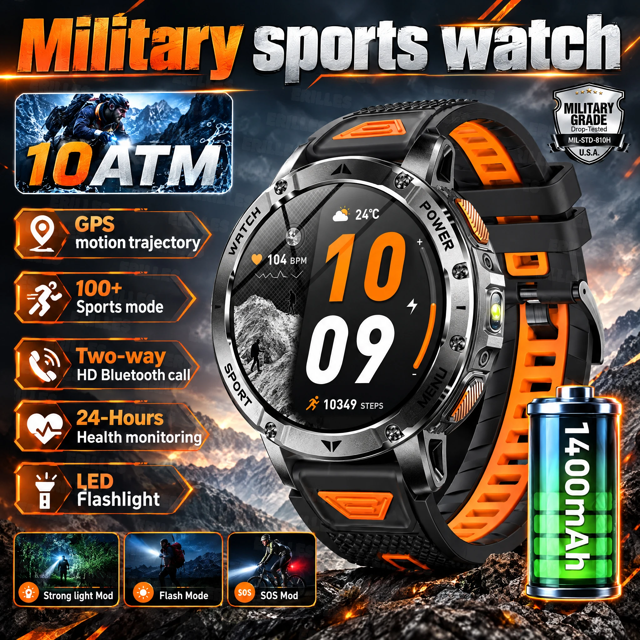 2026 Men's Military Smart Watch 1400mAh 10ATM Waterproof  LED Flashlight Sleep Monitor Outdoor Sports Fitness Tracker For iOS