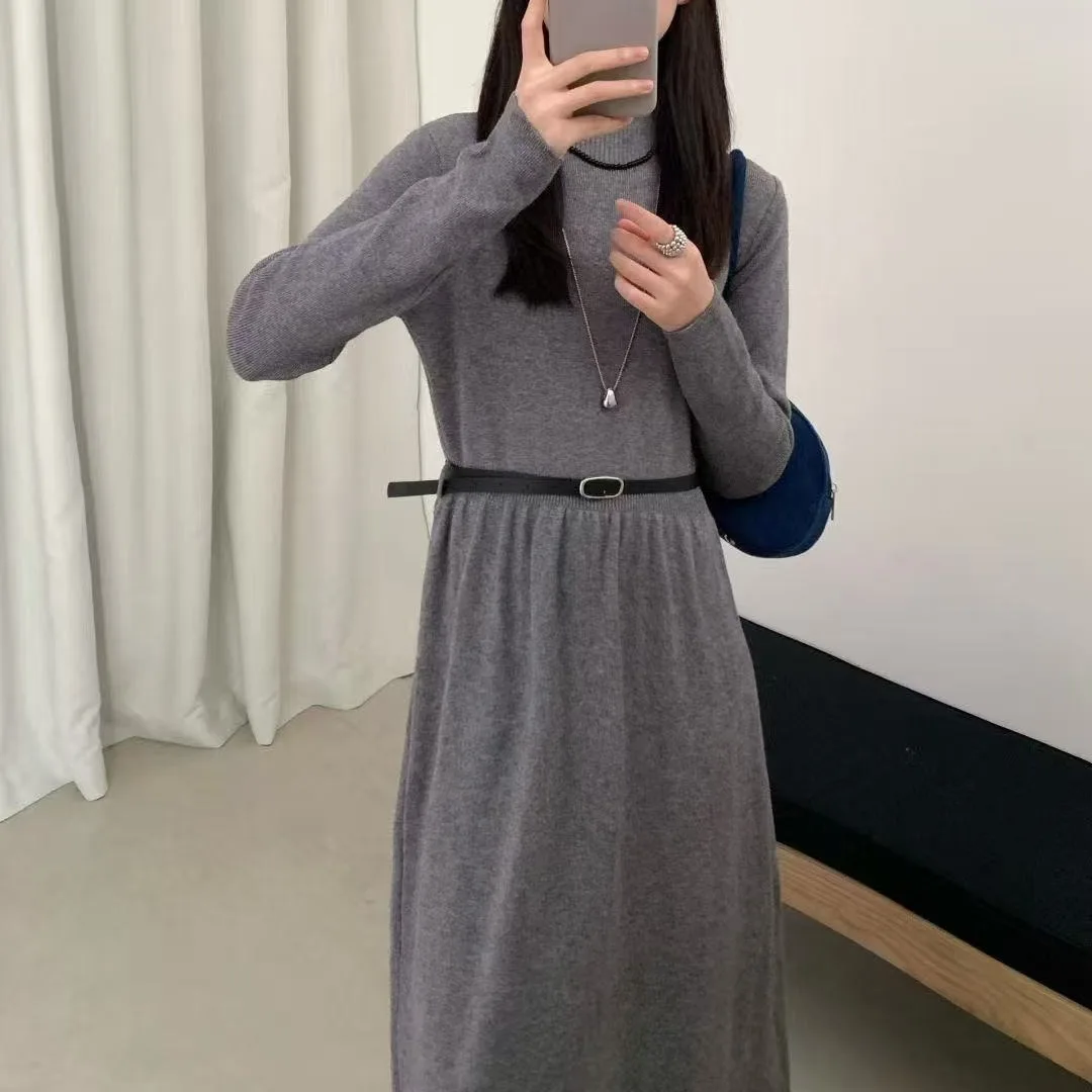 Feminino de malha midi dr outono inverno coreano sle a linha camada base saia emagrecimento com casaco longo plissado dr