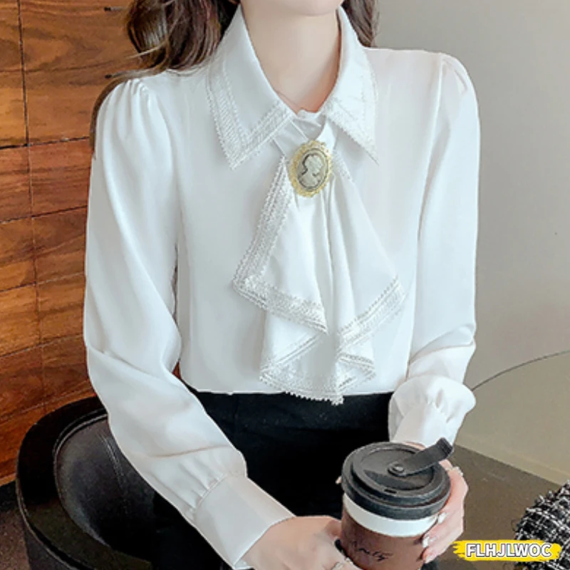 Bow Tie Tops Blouses New 2024 Women Long Sleeve Elegant Office Lady Work Solid White Shirts Ruffled Chic Tops Blusas