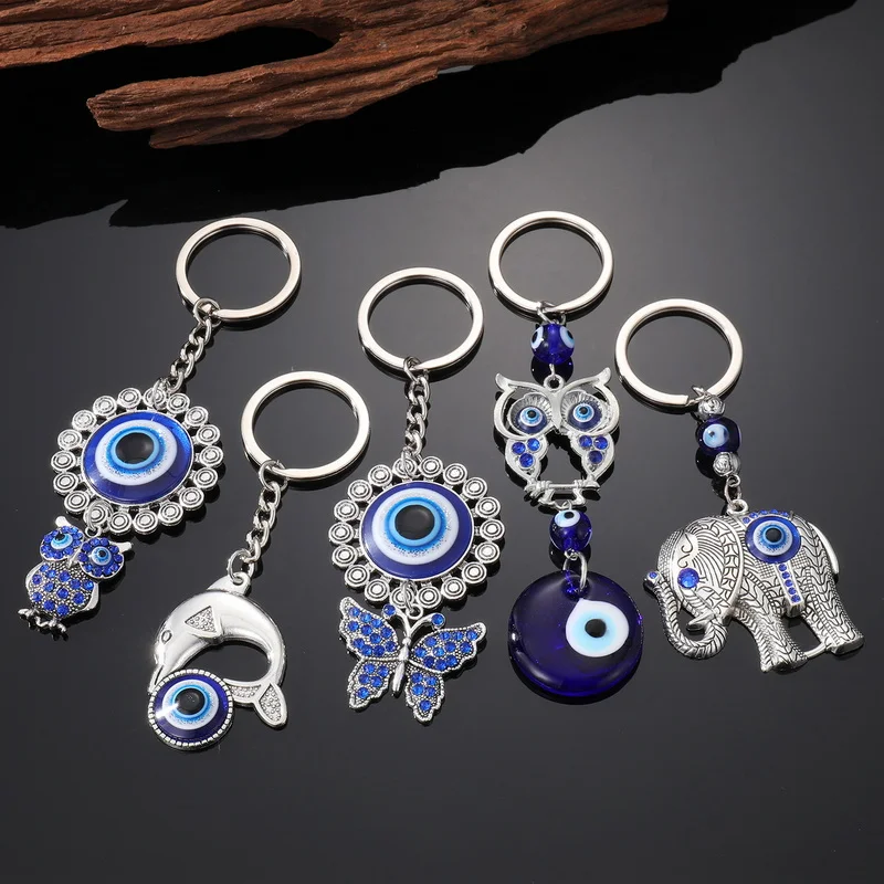 

Boho Evil Eye Beads Keychain Pendant Car Key Keyring Silver Color Blue Owl Elephant Animasl Women Men Bag Gift