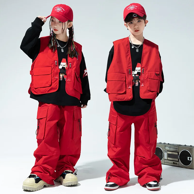 

Kid Kpop Hip Hop Clothing Red Vest Sweatshirt Top Casual Wide Pocket Baggy Cargo Pants for Girl Boy Jazz Dance Costume Clothes