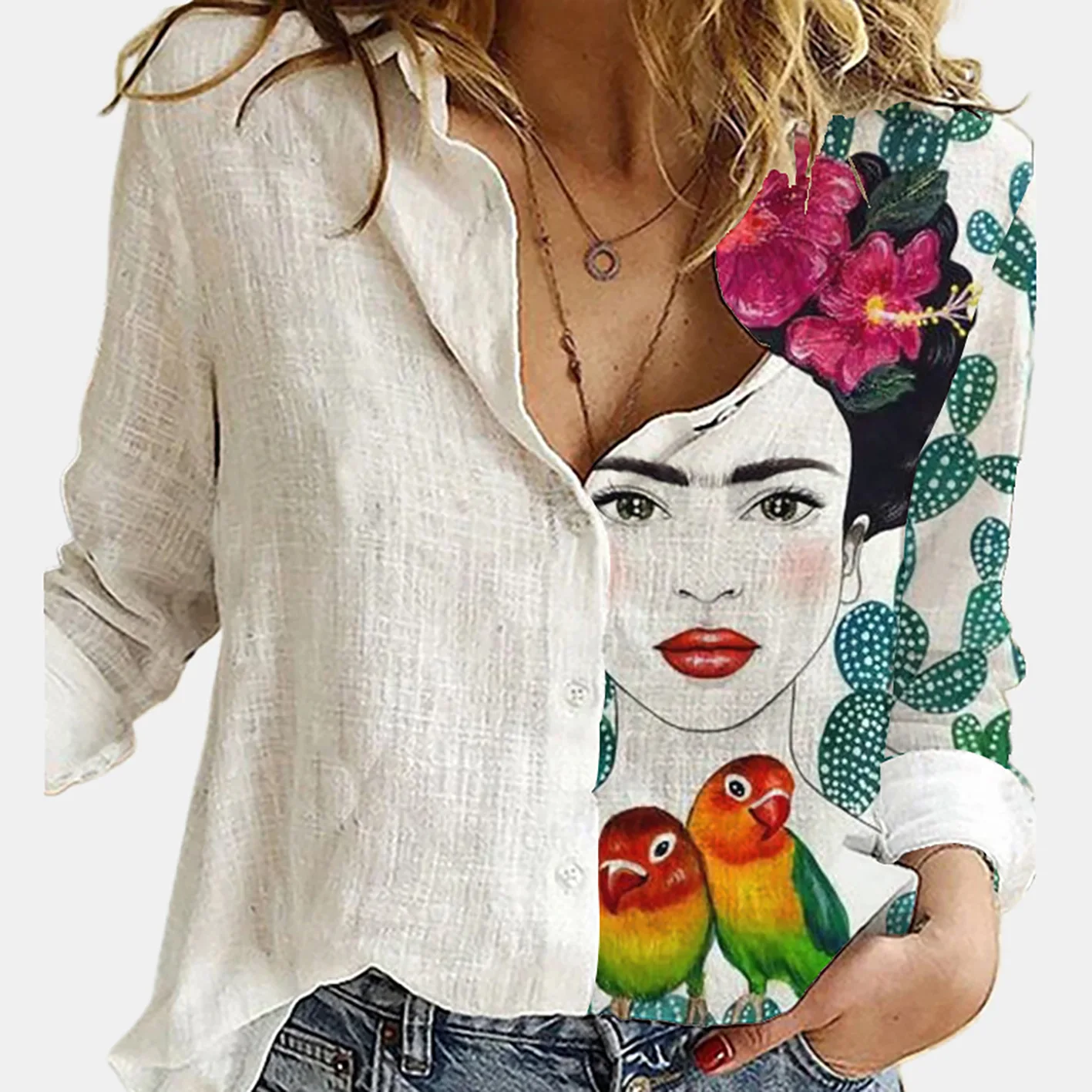 Fashion Stitching Retro Face Print Long Sleeve Blouse Women 2024 Spring Lapel Button Casual Top Lady 3XL Cotton Polyester Shirts