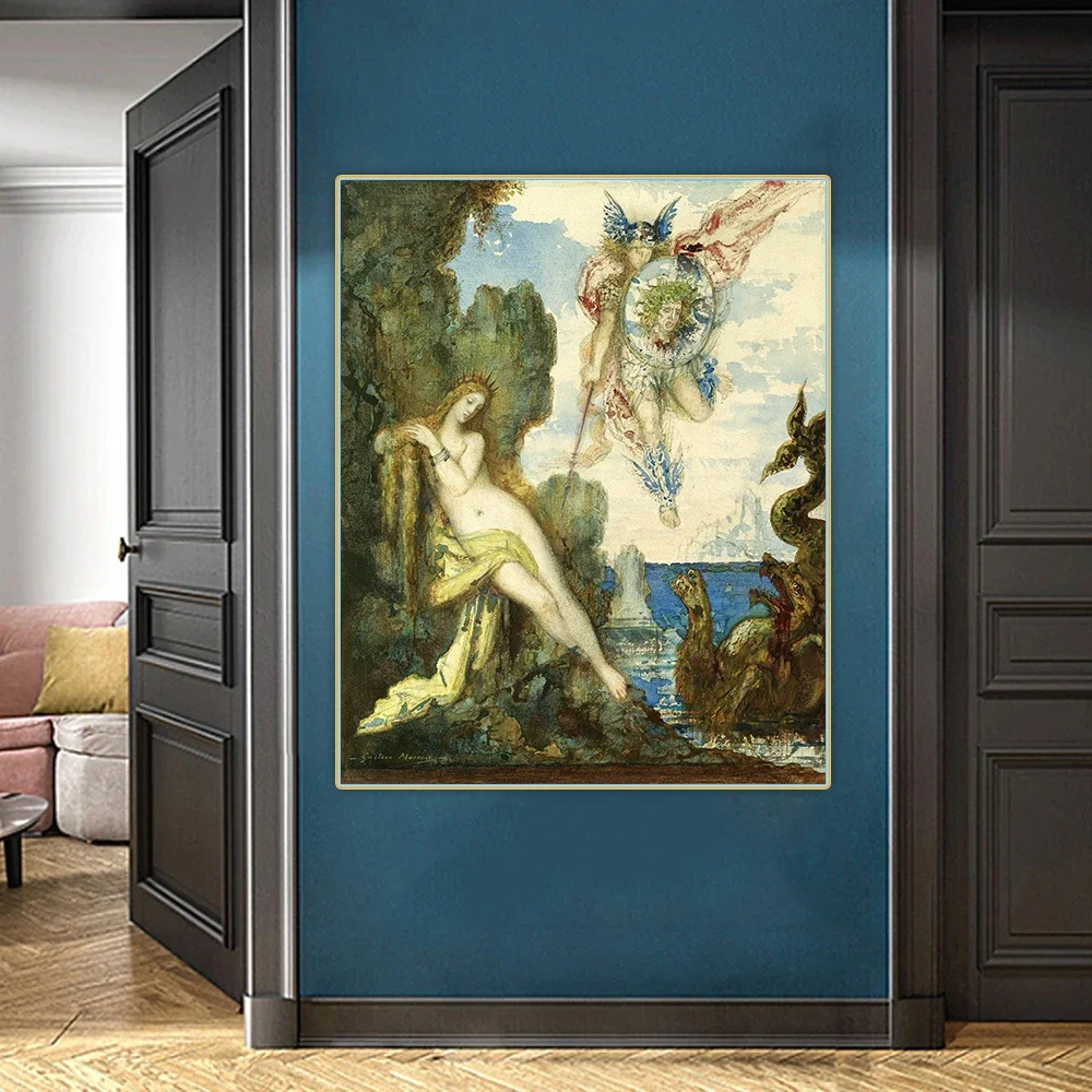 Perseus y Andromeda de Gustave Moreau, pintura al óleo en lienzo, obra de arte, imagen estética, póster, decoración colgante de pared, decoración del hogar
